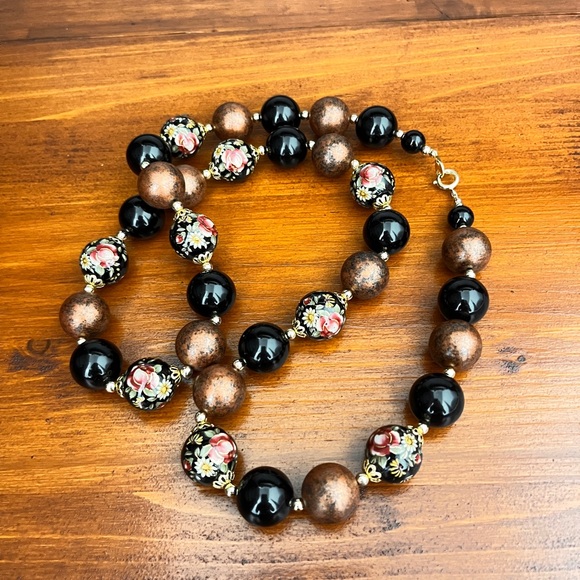 Vintage Signed JAPAN Black Brown Tensha Flowers Beads Beaded 31" Necklace. - Picture 12 of 13